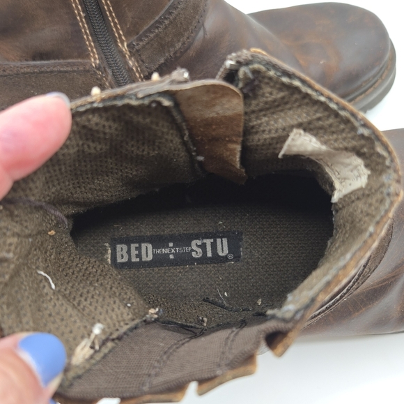 Bed Stu | Men's Brown Distressed Harness Buckle Zip Up Leather Ankle Biker Boots - Picture 9 of 12